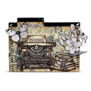A decorative paper file folder or card featuring a vintage typewriter, stacked books, a butterfly, lilies, and the words 'Meaningful' and 'Fulfillment' on a distressed beige background.