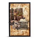 A framed vintage-style art print featuring a typewriter, old books, flowers, butterflies, and decorative script on a warm beige background, shown against a plain white backdrop.