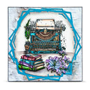A square art print or card featuring a vintage teal typewriter with stacked books and purple flowers, framed by a bright blue abstract border on a textured off-white background.