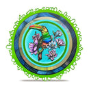 A round decorative plate featuring a colorful illustration of a toucan perched among pink flowers on a turquoise background, surrounded by concentric blue and gold rings and a bright green scalloped outer rim, shown on a white background.