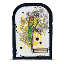 A decorative art print or card featuring a colorful parrot perched among yellow flowers, with the word 'Romanticism' printed at the bottom, shown on a plain white background.