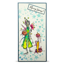 A vertical rectangular greeting card featuring whimsical hand-drawn illustrations of festive characters and balloons, with the text 'Merry Xmas!' in the top right corner, shown against a plain white background.