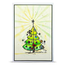 A square greeting card featuring a hand-drawn Christmas tree illustration. The tree is green with colorful ornaments and a red bow, set against a cream background with yellow and green sunburst rays.