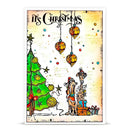 A Christmas-themed art print featuring a decorated Christmas tree, hanging ornaments, and two dogs wearing Santa hats looking at the ornaments, with the text 'It's Christmas' at the top.
