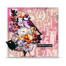 A square art print or card featuring a pink-toned abstract background with layered floral elements in purple, orange, white, and yellow, plus a pink-and-black bird perched on the left side. A small black label near the bottom reads 'CREATIVITY IS LIFE'.