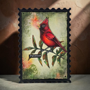 A square decorative art print or card featuring a bright red cardinal perched on leafy branches over a distressed cream background with faint script and crosshair details. The print has a scalloped dark border and the word "Patience" in a black label near the lower left.