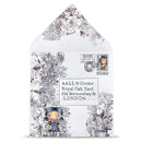 Decorative envelope with floral designs and text on a white background