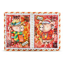 A sheet of mixed-media stamps or stamp designs featuring two cartoon pigs in holiday attire on a red and orange patterned background, with white scalloped borders and stamp numbers 507 visible.