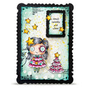 A square handmade art card or album page with a black scalloped border, featuring a whimsical illustrated girl in a pink dress, a decorated Christmas tree, scattered gold stars, and the phrase 'tinsel twinkle and cheer' on a light aqua background.