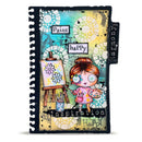 A square mixed-media art journal or scrapbook album cover featuring a whimsical cartoon girl painting at an easel, with colorful abstract floral patterns and text reading 'Paint', 'happy', and 'Inspiration'.