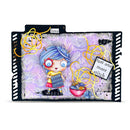 A square collage-style craft card or scrapbook layout featuring a cartoon girl with blue hair holding a knitted piece, surrounded by yarn skeins, floral paper textures, and text labels including 'love', 'joy', 'happi', and 'just one more stitch'.