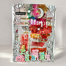 Decorative wall art with colorful text and shapes on a gray background