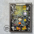 Halloween-themed illustration with a girl in a witch hat and pumpkins on a textured gray background.