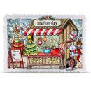 A square decorative card or print with a scalloped white border, featuring an illustrated winter market stall scene labeled 'market day.' The artwork shows a red-and-white striped awning, a small Christmas tree, hot cocoa mugs, bottles, a menu sign, and teddy bears near a rustic wooden stall.