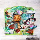 Colorful art piece with a birdhouse, bird, and child figure on a textured surface.