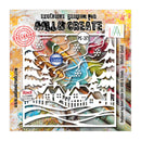 A packaged craft stencil set titled 'Winter Outfit' by AMLL & Create, featuring a white die-cut stencil design of snowy houses, trees, and snowflakes over a colorful abstract background. The packaging includes branding, product code PC-272, and a red exclusive stamp.