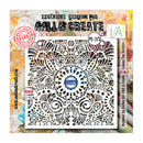 A square stencil product shown on a branded backing card. The stencil has an intricate symmetrical mandala-style cutout pattern in white metal.
