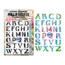 A sheet of alphabet stamps with distressed, colorful letter designs shown next to the product packaging. The packaging is branded 'Mall & Create' and features the product code 'FP-1332'.