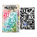 A stamp design sheet and its retail packaging from All & Create, featuring a collage of distressed black and white numbers with a colorful sample preview on the box.