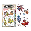 A sheet of 16 autumn leaf stamps from Moll & Create, shown both on its patterned retail packaging and as loose stamp designs. The stamps feature various maple and oak leaves in vibrant fall colors including red, orange, yellow, and blue, detailed with distressed textures, splatters, and small splashes of paint.