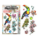 A stamp set sheet and preview showing colorful tropical bird and floral designs. The left side shows the retail packaging with the text 'MALL & CREATE' and stamp code TP-1247, while the right side displays the illustrated stamp artwork including a toucan, flowers, leaves, and small circular embellishments.