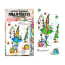 A MALL & CREATE 'Merry Xmas!' stamp set packaging and sample sheet. The packaging on the left shows the product box with festive illustrations of a woman in a colorful dress surrounded by Christmas ornaments, trees, and yarn balls.