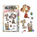 A sheet of holiday-themed stamp designs featuring cartoon dogs in festive Christmas outfits, shown next to the printed packaging card. The stamp set includes multiple dog illustrations, ornaments, gifts, and a small sleigh, with the brand name All & Create visible on the packaging.