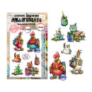 A sheet of colorful cartoon chicken stamps shown next to its retail packaging. The packaging is branded AALL & CREATE and features the product code IP-1494.