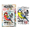 A bird-themed stamp set shown as both the retail packaging and the resulting stamp artwork. The packaging features a colorful bird illustration with postmark stamps and decorative text.