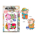 A sheet of holiday pig rubber stamps by Mill & Create, featuring three illustrated pigs in festive outfits. The packaging is shown on the left, and the four stamped designs are displayed to the right on a white background.
