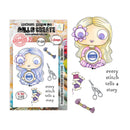 A craft sticker sheet and matching sticker design featuring a chibi-style girl with a large flower in her hair, holding a sewing machine, alongside thread spools, scissors, and text reading 'every stitch tells a story.' The sheet shows branding for 'Mall & Create' and product code TP-1501.