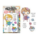A craft stamp set packaging and sample sheet from Mill & Create, featuring a cartoon girl knitting with colorful yarn balls and matching printed phrases on a white background.