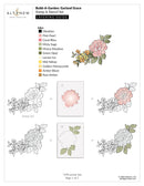 Stamp and stenciling set guide with floral designs and color options on a white background.