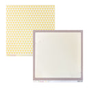 Two square craft paper sheets, one featuring a yellow and white geometric triangle pattern, and the other showing a blank off-white center with a textured mauve border.