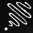 White squiggly line and dot on a black background