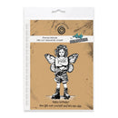 Package of a rubber stamp featuring a fairy design with text on a brown background.