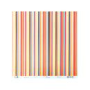 A square sheet of patterned paper with vertical multicolor stripes in yellow, orange, red, blue, brown, and cream, shown against a white background with a light blue bottom border containing product text and a barcode.