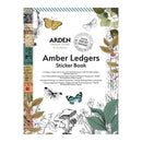Front cover of the Arden Creative Studio Amber Ledgers Sticker Book, featuring botanical illustrations, butterflies, vintage postage-style stamps, and product text on a white background with decorative borders.