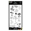 Ardens Clear Stamp Set in a Ledger Notes papermaking stamp block, featuring 15 individual stamps with botanical, script, and nature-themed designs on a white sheet.