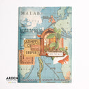 A square decorative art print or card featuring a vintage-style map collage with the word MALABA at the top, ticket-like elements reading ADMIT ONE and COUPON, green leaves, a small window illustration, and orange butterflies. The print is photographed against a light gray background, with the text 'Designed by Elizabeth Robinson' and the ARDEN Creative Studio logo visible below.