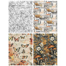 Four square swatches showing different decorative paper or fabric print designs: a black line pattern on white, a collage of newspaper-like text and boxes in muted tones, butterflies over a vintage paper background, and mushrooms with white flowers in a dark botanical style.