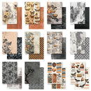 A 12-pack collection of scrapbooking paper sheets with various autumn-themed patterns including butterflies, pumpkins, leaves, stripes, and watercolor textures in neutral and earthy tones.