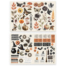 Two sheets of vintage-style Halloween-themed stickers on a white background. The top sheet features illustrations of mushrooms, pumpkins, leaves, butterflies, and autumn foliage.