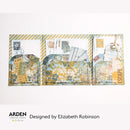 A three-panel collage-style paper craft kit or scrapbook layout with vintage postage stamps, postmarks, floral patterns, and text elements including 'ESCAPE' and 'ARDEN CREATIVE STUDIO.' It is shown on a white background with text below reading 'Designed by Elizabeth Robinson.