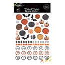 A sheet of Arden's Wicked Woods Epoxy Stickers featuring Halloween-themed designs including pumpkins, bats, wax seals, stripes, and spooky text labels.