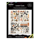 Arden Creative Studio 'Wicked Woods' Laser Cuts sheet package, featuring a Halloween-themed collection of laser-cut designs including pumpkins, mushrooms, bats, leaves, and labels on a black backing card.