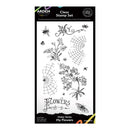 Clear stamp set packaging with floral and spider web designs on a white background