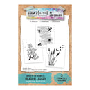 Packaging of 'Text{ures} by Lou Collins' stencils with nature-themed designs on a brown paper background.