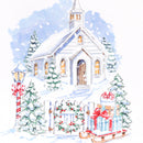 Watercolor-style illustration of a snowy white church with a steeple, surrounded by snow-covered evergreen trees, a decorated picket fence with red bows and garlands, a candy cane, and wrapped gift boxes on a sled in the foreground.
