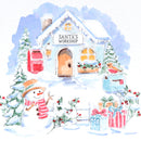 Watercolor illustration of a snowy Christmas village scene with a house labeled 'Santa's Workshop,' a snowman in the foreground, wrapped gifts, mailboxes, evergreen trees, and a red bird perched on the roof.